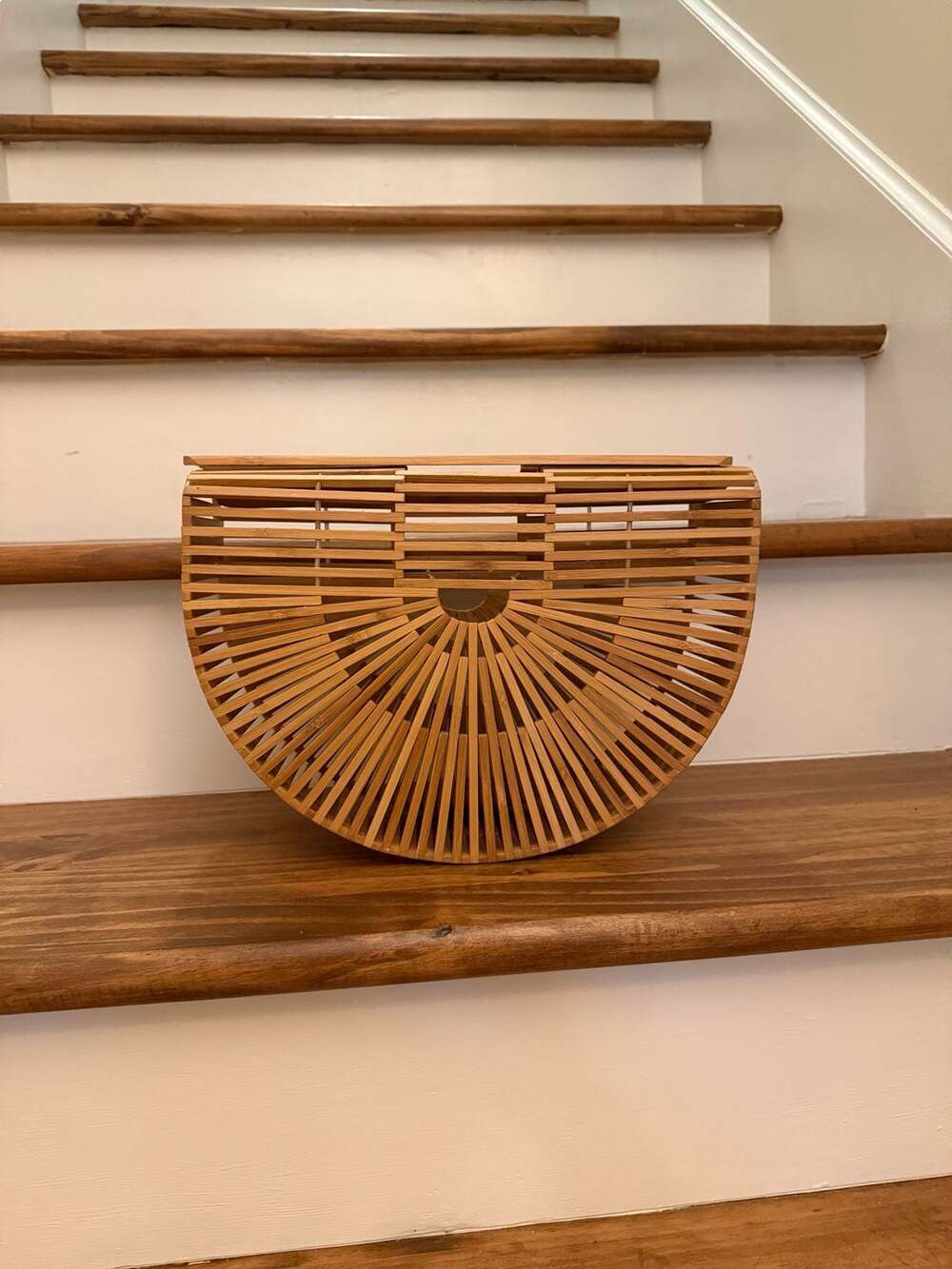 Vintage Half-Moon Bamboo Wood Picnic Basket Purse